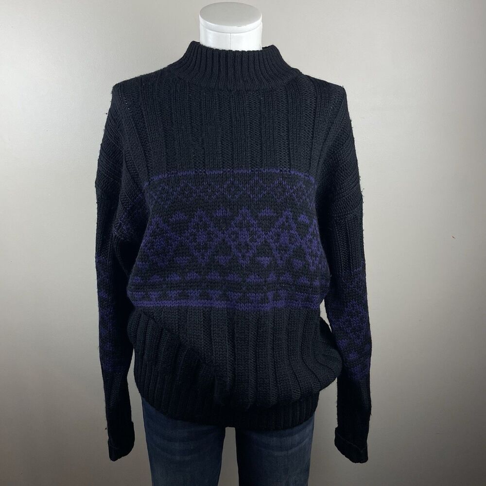 Gap Men Vintage Y2K Black Purple Argyle Mock Sweater size Small Unisex 90s